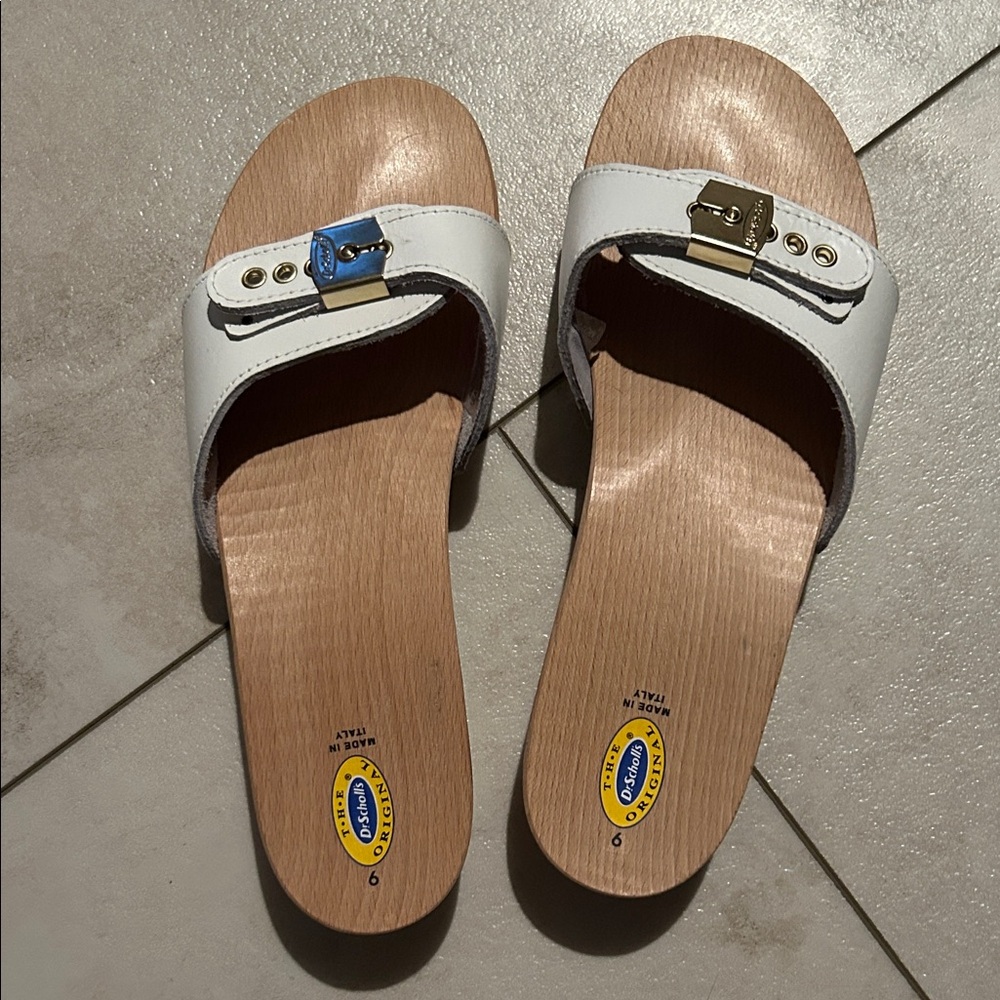 Dr. Scholl's White and Tan Buckle Mules